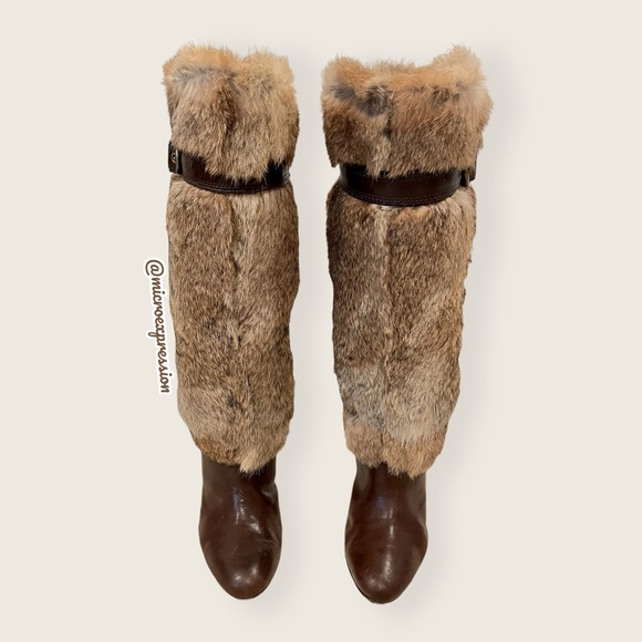 $699 RARE Frye Ava Rabbit Fur Vintage Luxury Brown Leather Stiletto Heel Boot - Picture 2 of 10